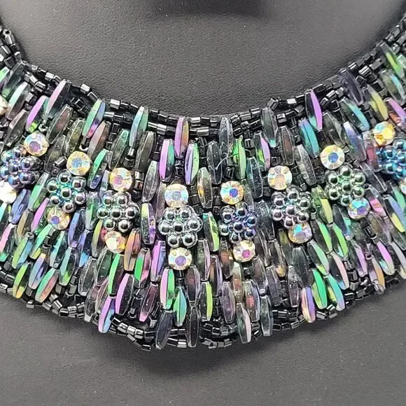 Vintage Handcrafted AB Oil Slick Beaded Statement Bib Collar Necklace Cleopatra - Picture 1 of 11